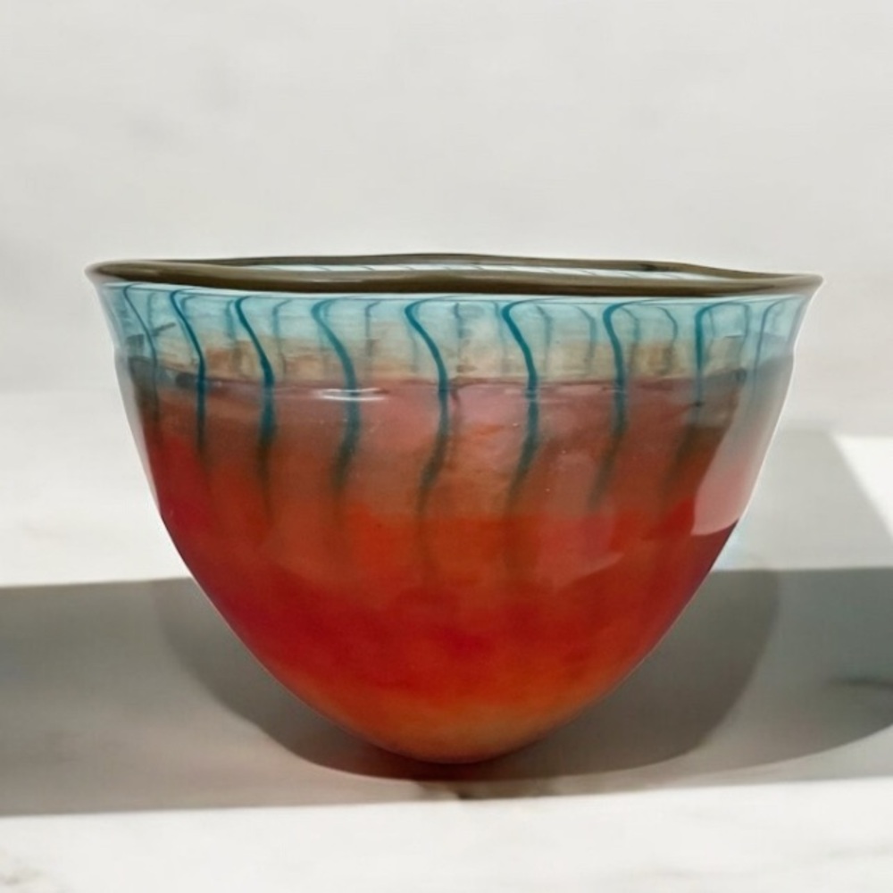 Rare Kosta Boda Glass Bowl Artist Kjell Engman Signed Clear Veining Chartreuse